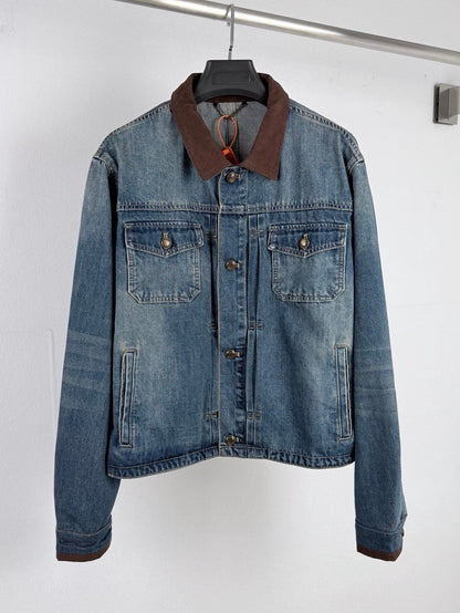 260901 New high-quality leather-detail denim jacket and pants set