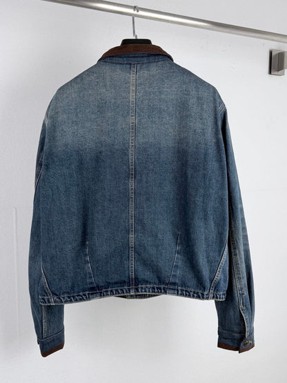260901 New high-quality leather-detail denim jacket and pants set
