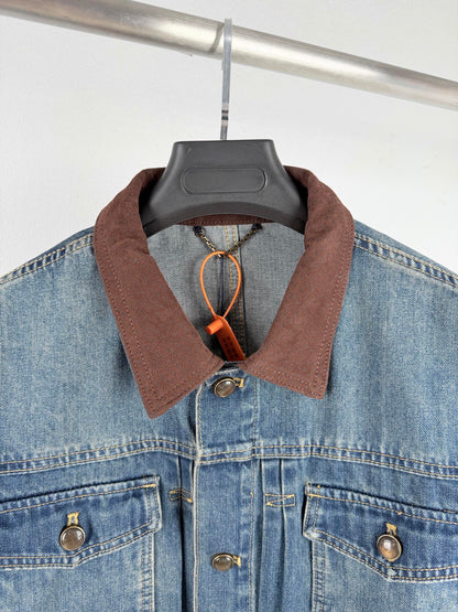 260901 New high-quality leather-detail denim jacket and pants set
