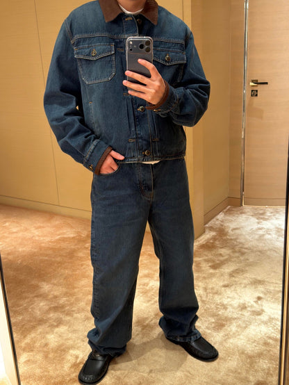 260901 New high-quality leather-detail denim jacket and pants set