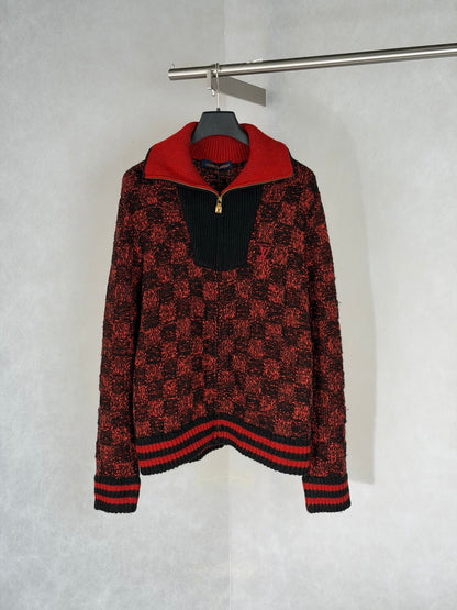 260901  19/5000 New high-quality red and black checkered half-zip knitted sweater coat