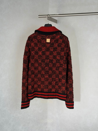 260901  19/5000 New high-quality red and black checkered half-zip knitted sweater coat