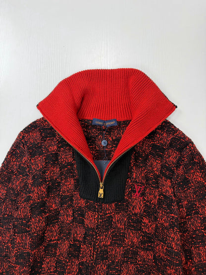 260901  19/5000 New high-quality red and black checkered half-zip knitted sweater coat