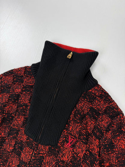 260901  19/5000 New high-quality red and black checkered half-zip knitted sweater coat