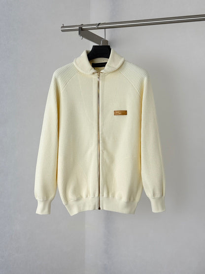 260901 New high-quality leather label logo waffle knit zipper coat