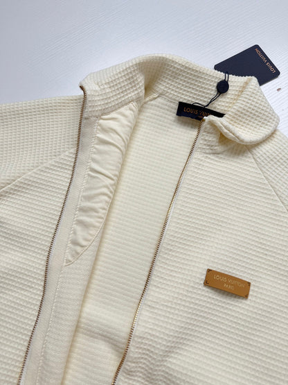 260901 New high-quality leather label logo waffle knit zipper coat