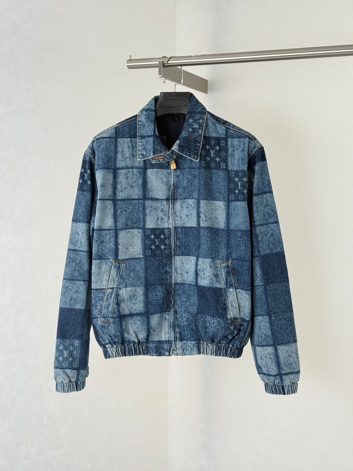 260901 New high-quality check-patterned patchwork denim zipper jacket coat