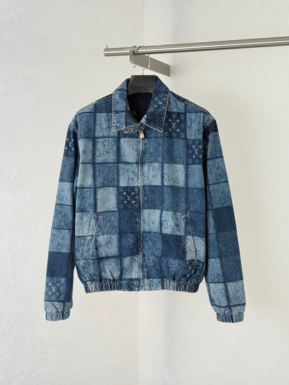 260901 New high-quality check-patterned patchwork denim zipper jacket coat