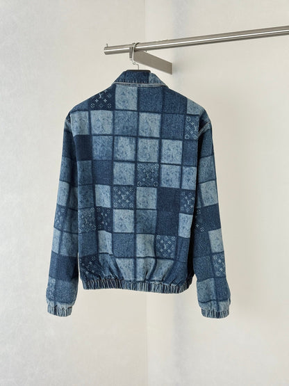 260901 New high-quality check-patterned patchwork denim zipper jacket coat