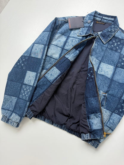 260901 New high-quality check-patterned patchwork denim zipper jacket coat