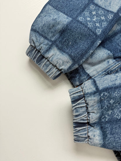 260901 New high-quality check-patterned patchwork denim zipper jacket coat