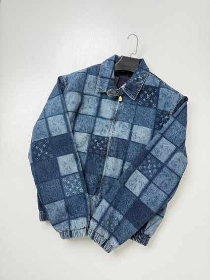 260901 New high-quality check-patterned patchwork denim zipper jacket coat