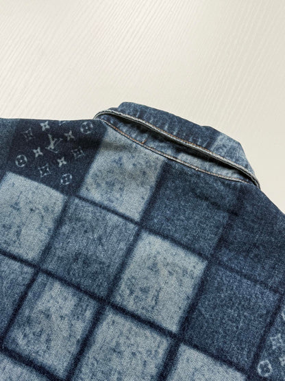 260901 New high-quality check-patterned patchwork denim zipper jacket coat