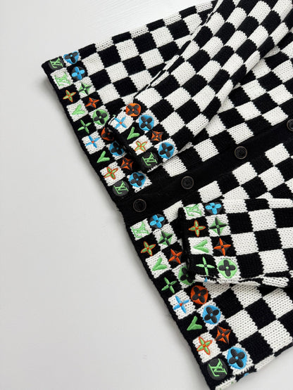 260910 New high-quality black and white checkered heavy-duty color-silk embroidered knitted cardigan