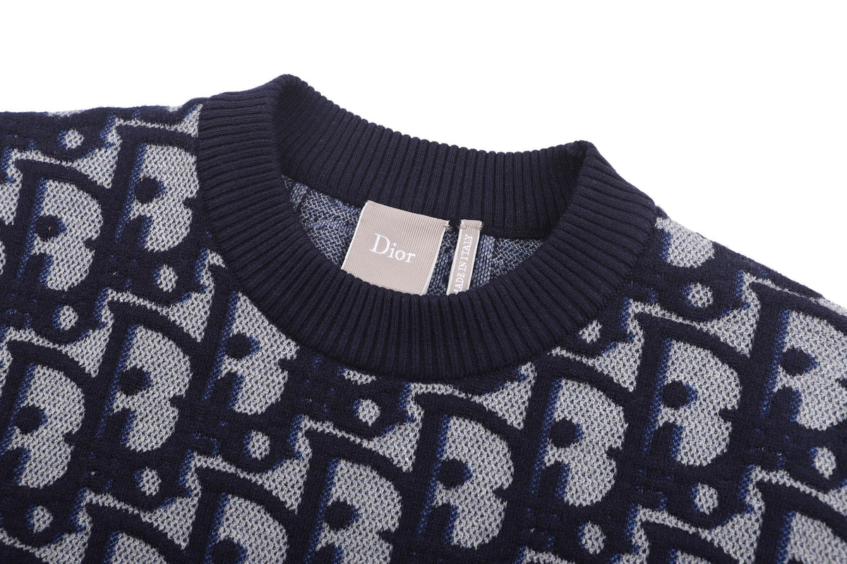 260917 New high-quality blue jacquard printed fine knitted sweater