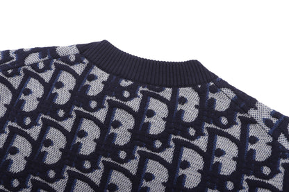 260917 New high-quality blue jacquard printed fine knitted sweater
