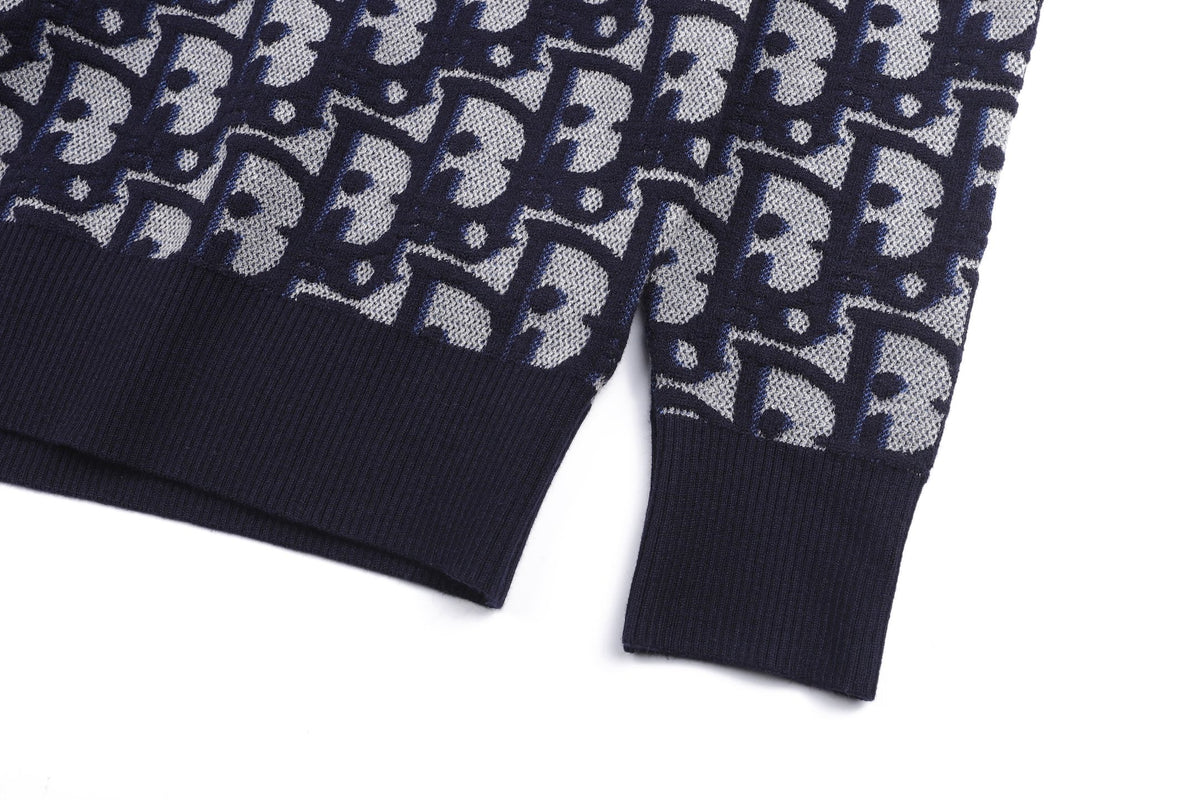 260917 New high-quality blue jacquard printed fine knitted sweater