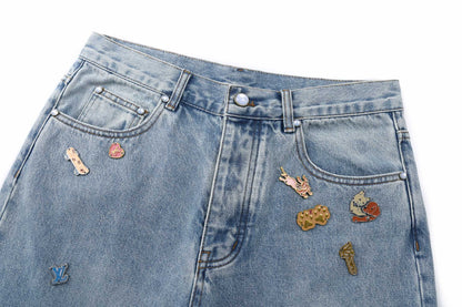260917 New high-quality blue denim men's casual pants with stylish hardware accents