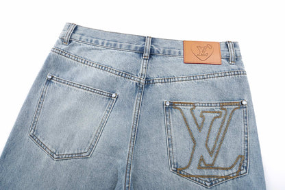 260917 New high-quality blue denim men's casual pants with stylish hardware accents